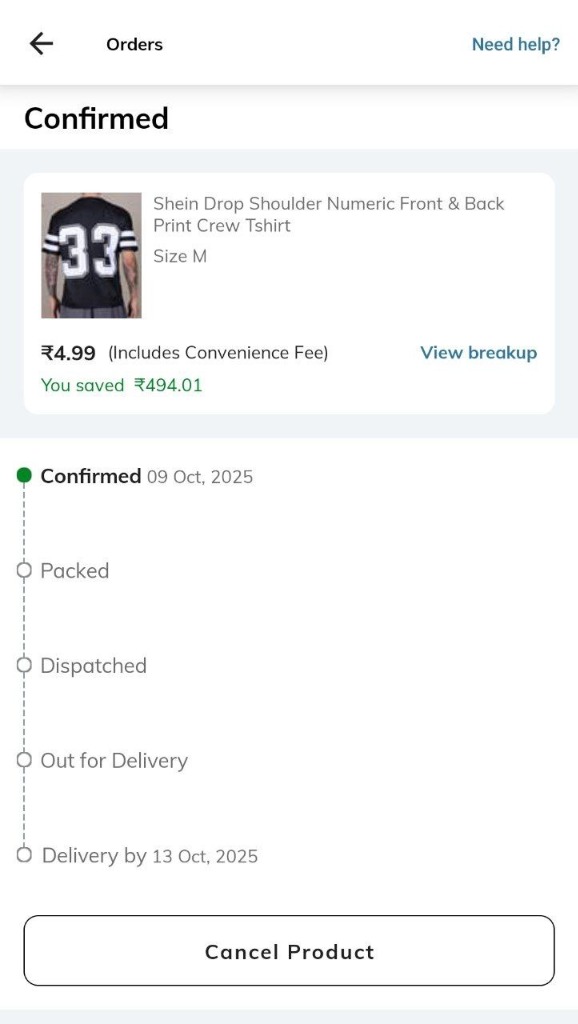 Shein order proof — ₹4.99 paid, ₹494.01 saved — shared by a DashingLoots Telegram user